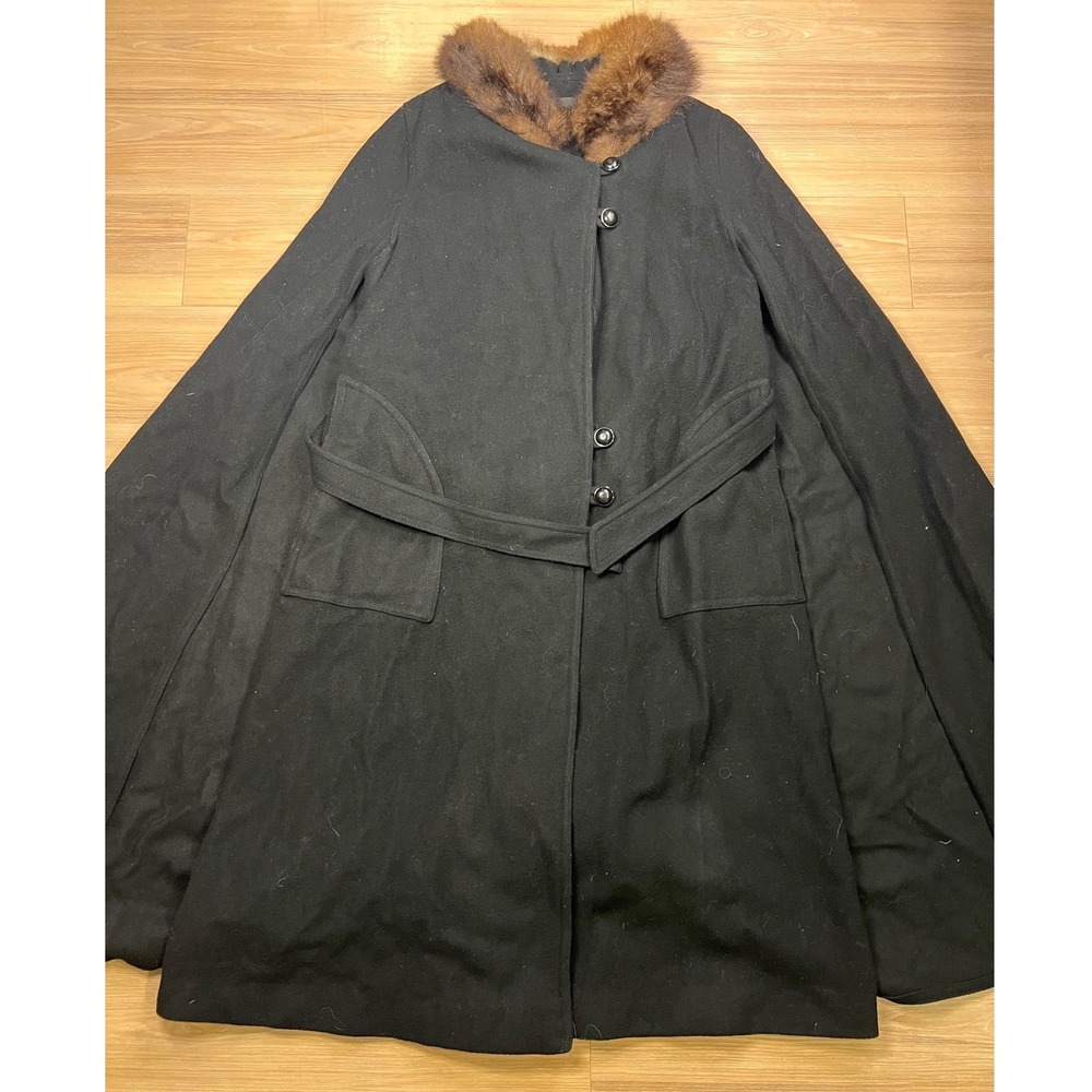 Vtg 60-70s Domino New York Wool Cape Real Mink Fur Collar Poncho Cloak ILGWU
